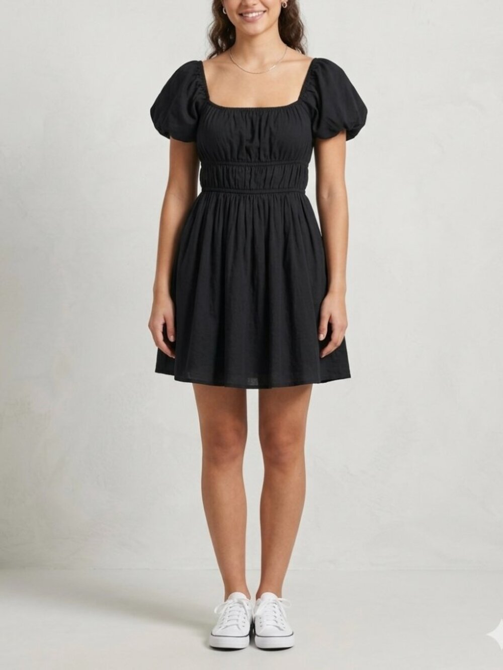 Hollister Black Puff Sleeve Babydoll Milkmaid Dress with Shorts Boho Skater Y2K